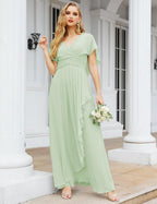 Chiffon Bridesmaid Dresses Long Formal Evening Prom Mother of The Bride Dress with Flutter Sleeve SEA28040
