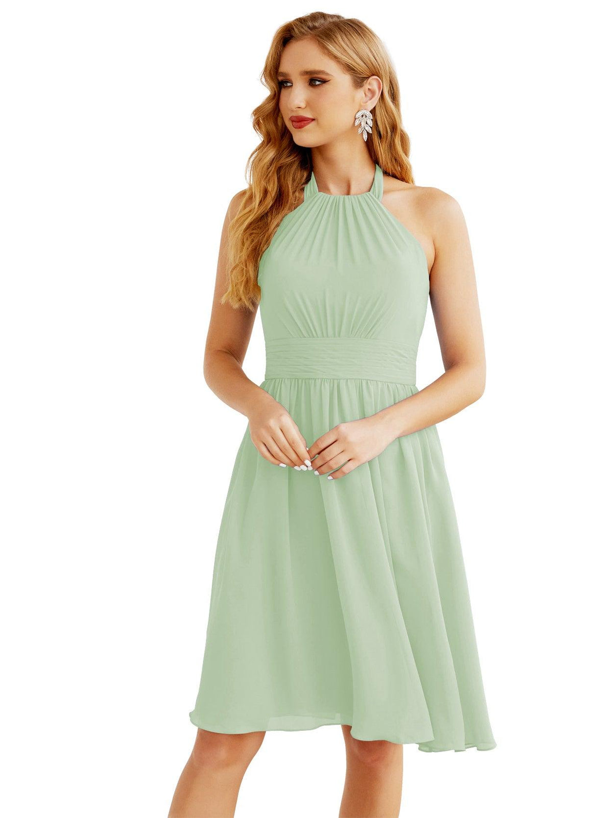 Halter Chiffon Bridesmaid Dresses Short Sleeveless Formal Party Dress Open Back 28023