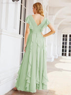 Ruffled Bridesmaid Dresses with Sleeves Long Formal Party Dress 28041