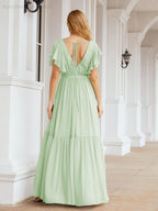 Abiti da sera formali da donna Numbersea con schiena scoperta, scollo a V, lunghi in chiffon, abiti da damigella con cintura in vita 28038