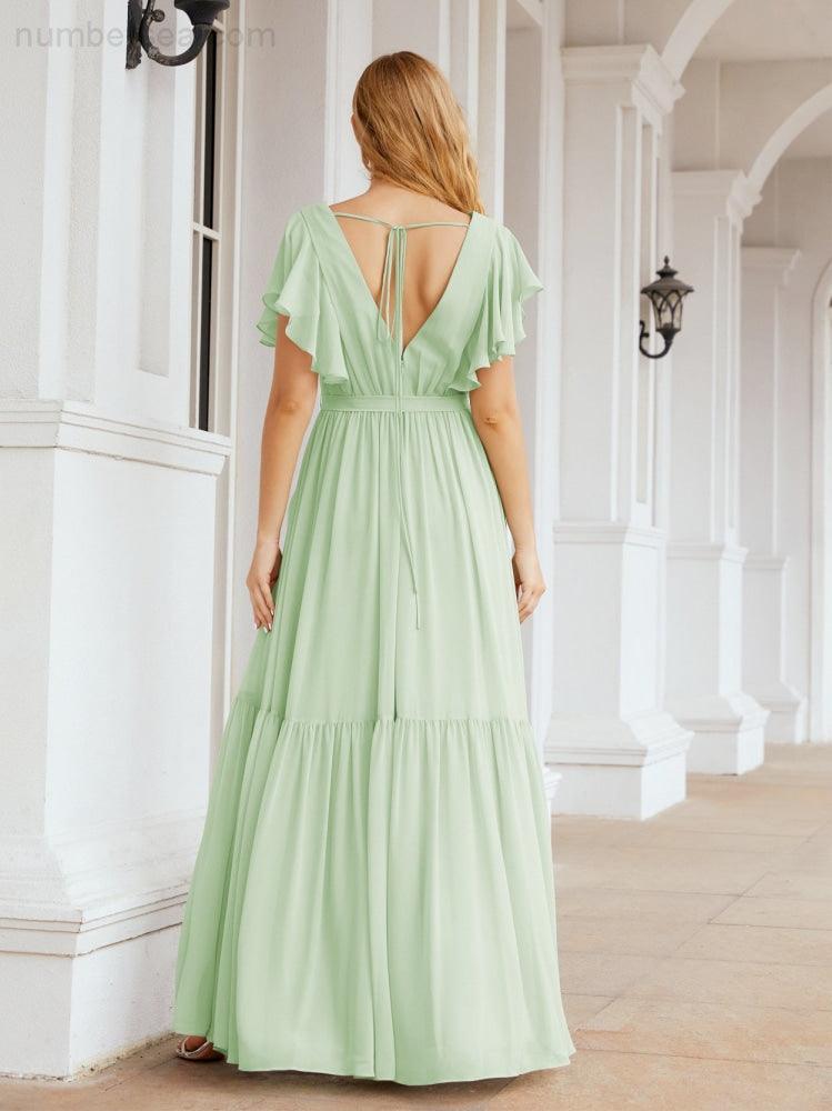 Abiti da sera formali da donna Numbersea con schiena scoperta, scollo a V, lunghi in chiffon, abiti da damigella con cintura in vita 28038