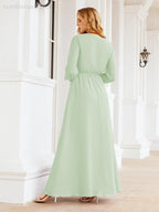 Vestito da damigella d'onore in chiffon da donna Numbersea, linea a trapezio, maniche lunghe, abito lungo formale da sera per ospite di matrimonio 28032