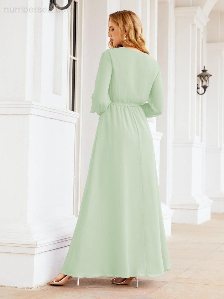 Vestito da damigella d'onore in chiffon da donna Numbersea, linea a trapezio, maniche lunghe, abito lungo formale da sera per ospite di matrimonio 28032
