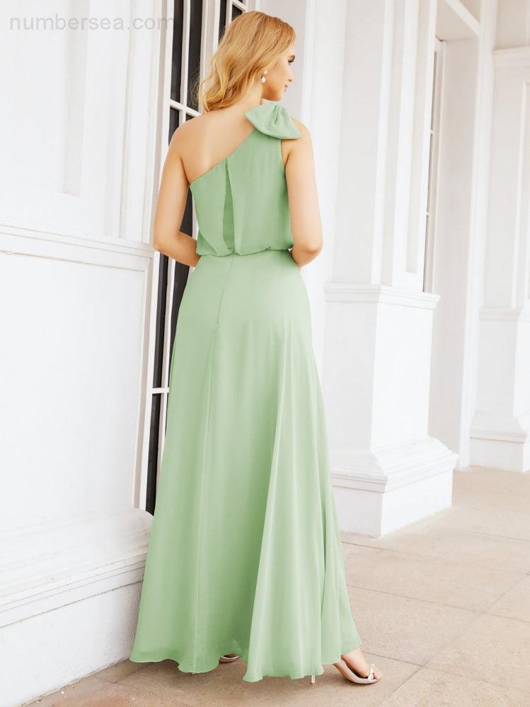 Chiffon Ruffled One Shoulder Sleeveless Long Bride Dresses A-line Formal Evening Gown Side Split 28057