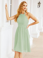 Halter Chiffon Bridesmaid Dresses Short Sleeveless Formal Party Dress Open Back 28023