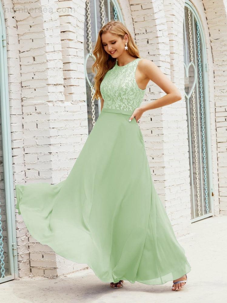 Vestido de Dama de Honra em Renda Comprimento ao Chão Vestidos de Noite com Bolsos 28017
