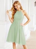 Halter Chiffon Bridesmaid Dresses Short Sleeveless Formal Party Dress Open Back 28023