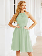 Halter Chiffon Bridesmaid Dresses Short Sleeveless Formal Party Dress Open Back 28023