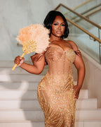 Golden Sunset Ombre Beaded Mermaid Prom Dress With Feather Trim