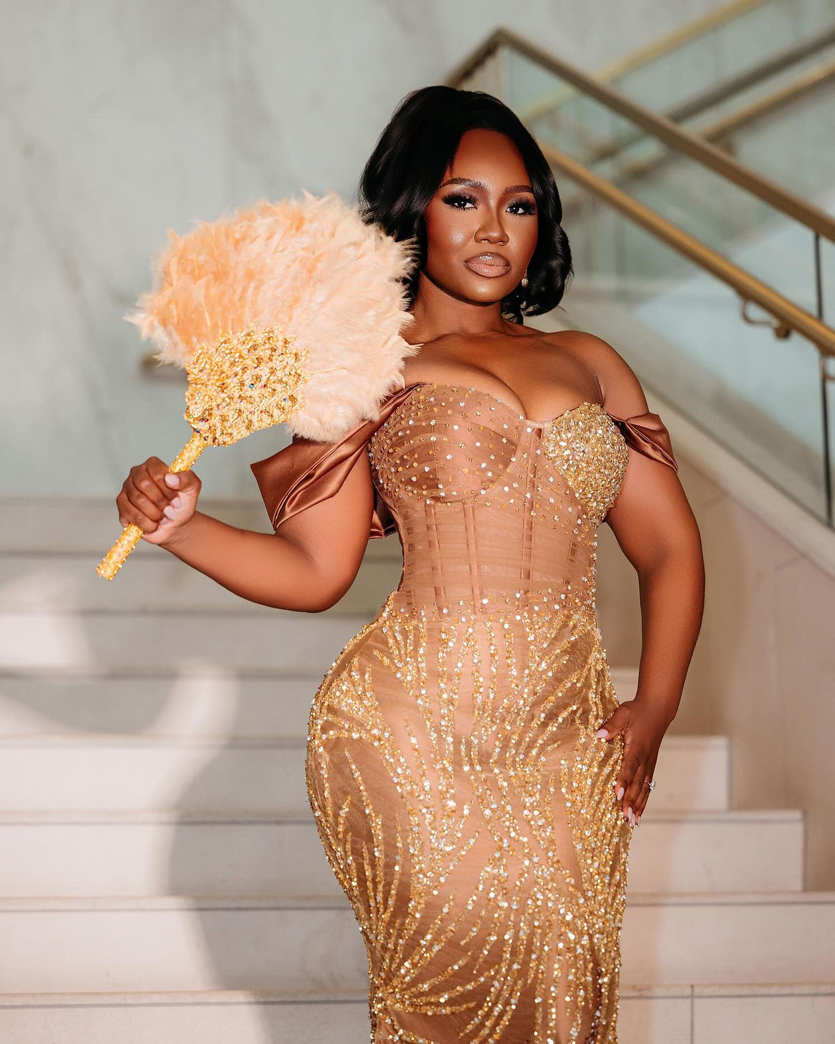 Golden Sunset Ombre Beaded Mermaid Prom Dress With Feather Trim