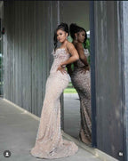 Champagne Beaded Mermaid Prom Dress With Crystal Embellishments Floral Appliques