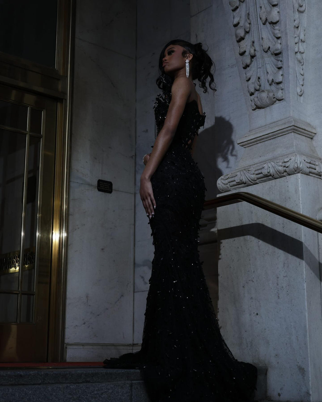 Luxury Black Sequin Mermaid Prom Dress – Illusion Corset Bodice with 3D Beaded Lace & Off-the-Shoulder Detail | 2026 Gothic Glamour Evening Collection