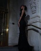 Luxury Black Sequin Mermaid Prom Dress – Illusion Corset Bodice with 3D Beaded Lace & Off-the-Shoulder Detail | 2026 Gothic Glamour Evening Collection