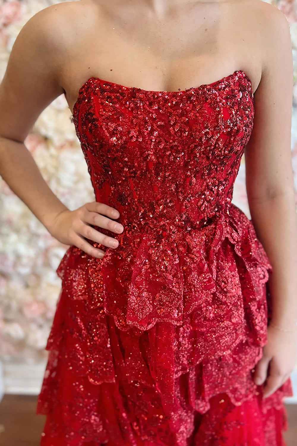 Sparkly Red Sequin Strapless Princess Tulle Tiered Long Corset Prom Dress with Slit