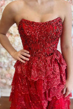 Sparkly Red Sequin Strapless Princess Tulle Tiered Long Corset Prom Dress with Slit