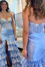 Red Sweetheart Mermaid Tulle Ruffled Long Corset Prom Dress with Sequin Appliques