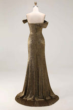 Sparkly Golden Mermaid One Shoulder Pleated Long Prom Dress with Slit