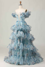 Blue Floral Print Off the Shoulder Princess Organza Long Prom Dress with Ruffles