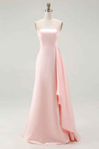 Pink Strapless Ruffled Sheath Long Satin Prom Dress