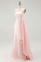 Pink Strapless Ruffled Sheath Long Satin Prom Dress
