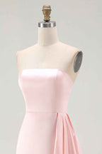 Pink Strapless Ruffled Sheath Long Satin Prom Dress