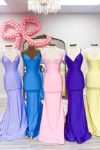 Blue Satin Long Mermaid Prom Dress With Spaghetti Straps Backless Deep V Neck