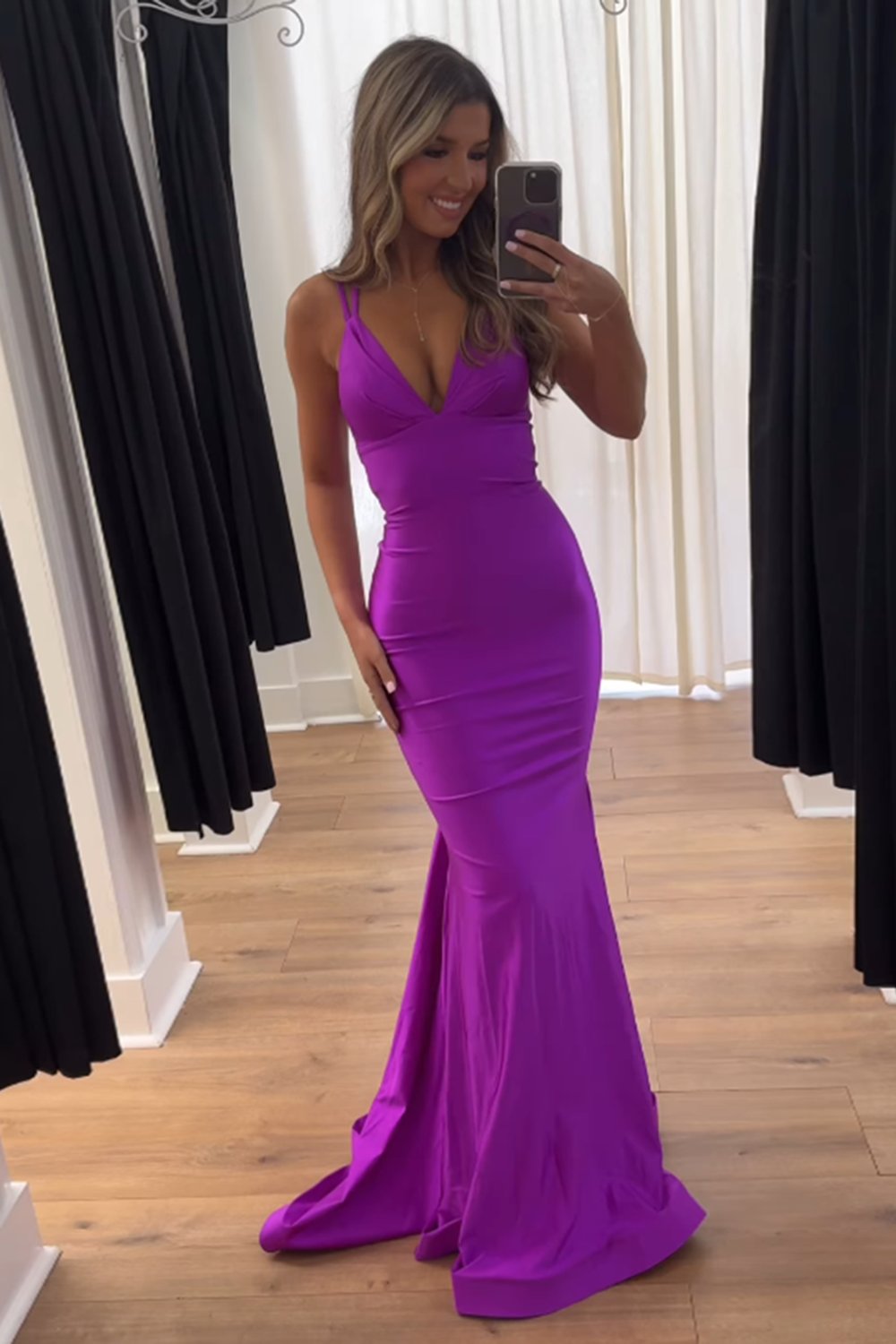 Blue Satin Long Mermaid Prom Dress With Spaghetti Straps Backless Deep V Neck