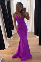 Blue Satin Long Mermaid Prom Dress With Spaghetti Straps Backless Deep V Neck