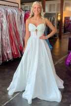 Sparkly White Sweetheart Beaded Princess Long Corset Prom Dress with Bow