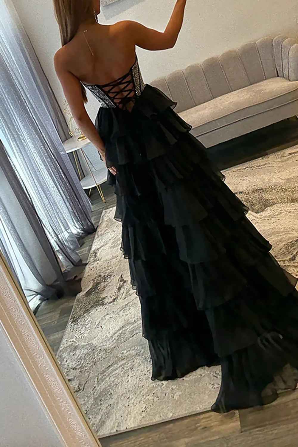 Navy Sparkly Strapless Corset A Line Long Chiffon Prom Dress
