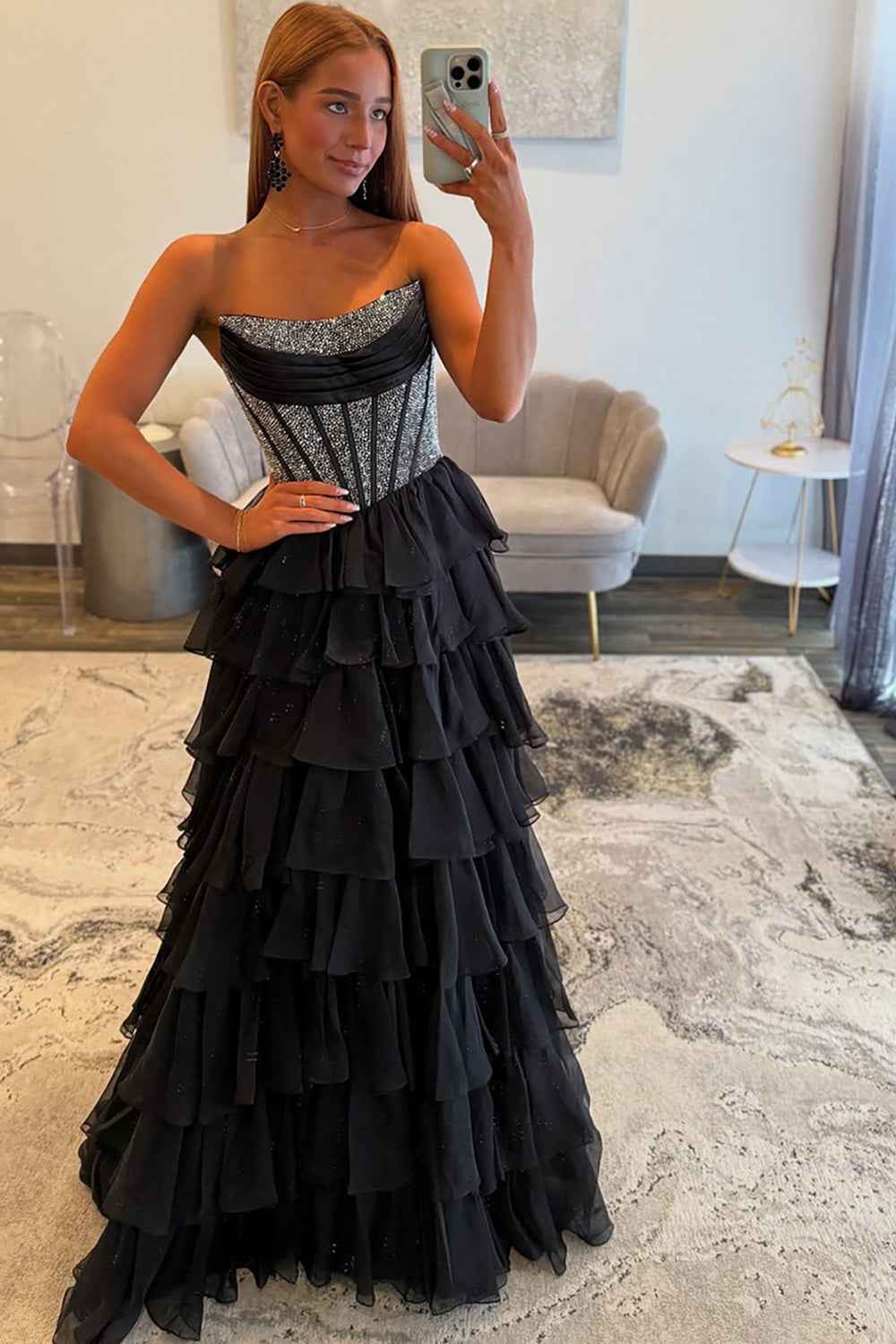 Navy Sparkly Strapless Corset A Line Long Chiffon Prom Dress