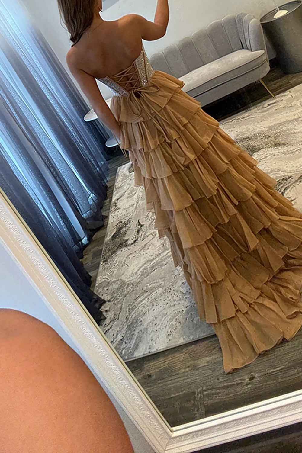 Navy Sparkly Strapless Corset A Line Long Chiffon Prom Dress