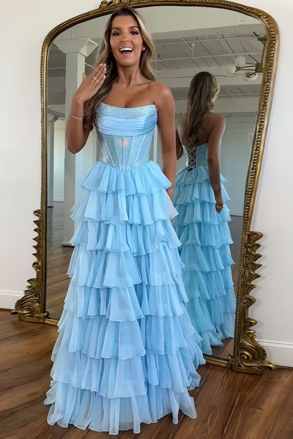 Navy Sparkly Strapless Corset A Line Long Chiffon Prom Dress