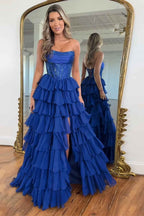 Navy Sparkly Strapless Corset A Line Long Chiffon Prom Dress
