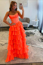 Navy Sparkly Strapless Corset A Line Long Chiffon Prom Dress