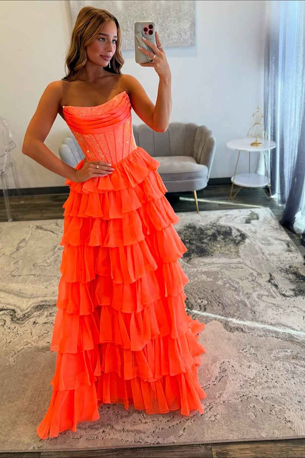 Navy Sparkly Strapless Corset A Line Long Chiffon Prom Dress
