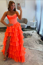 Navy Sparkly Strapless Corset A Line Long Chiffon Prom Dress