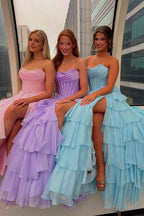 Navy Sparkly Strapless Corset A Line Long Chiffon Prom Dress