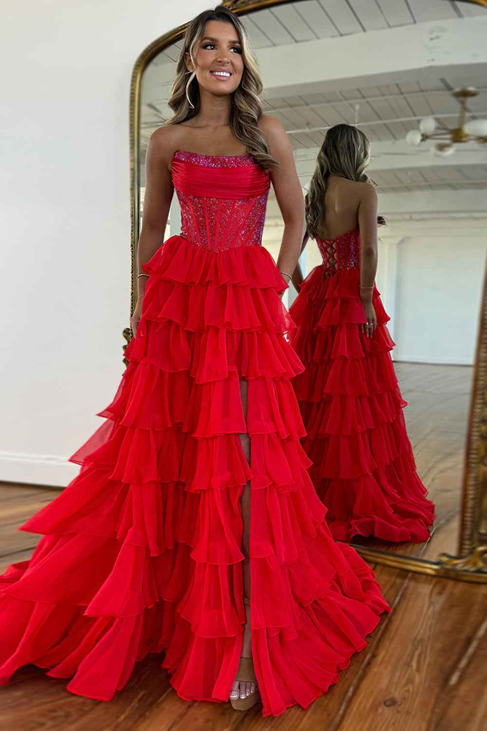 Navy Sparkly Strapless Corset A Line Long Chiffon Prom Dress