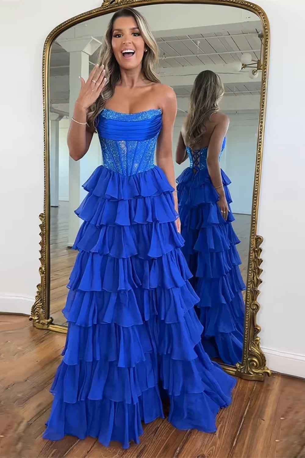 Navy Sparkly Strapless Corset A Line Long Chiffon Prom Dress