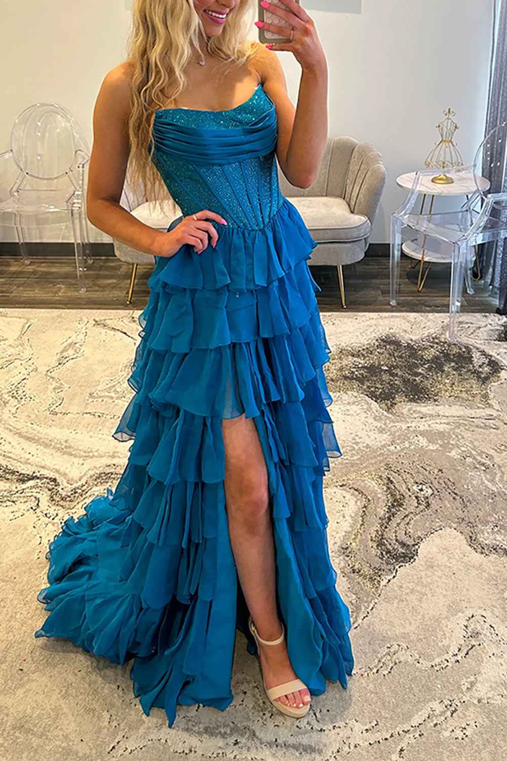 Navy Sparkly Strapless Corset A Line Long Chiffon Prom Dress