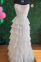 Navy Sparkly Strapless Corset A Line Long Chiffon Prom Dress