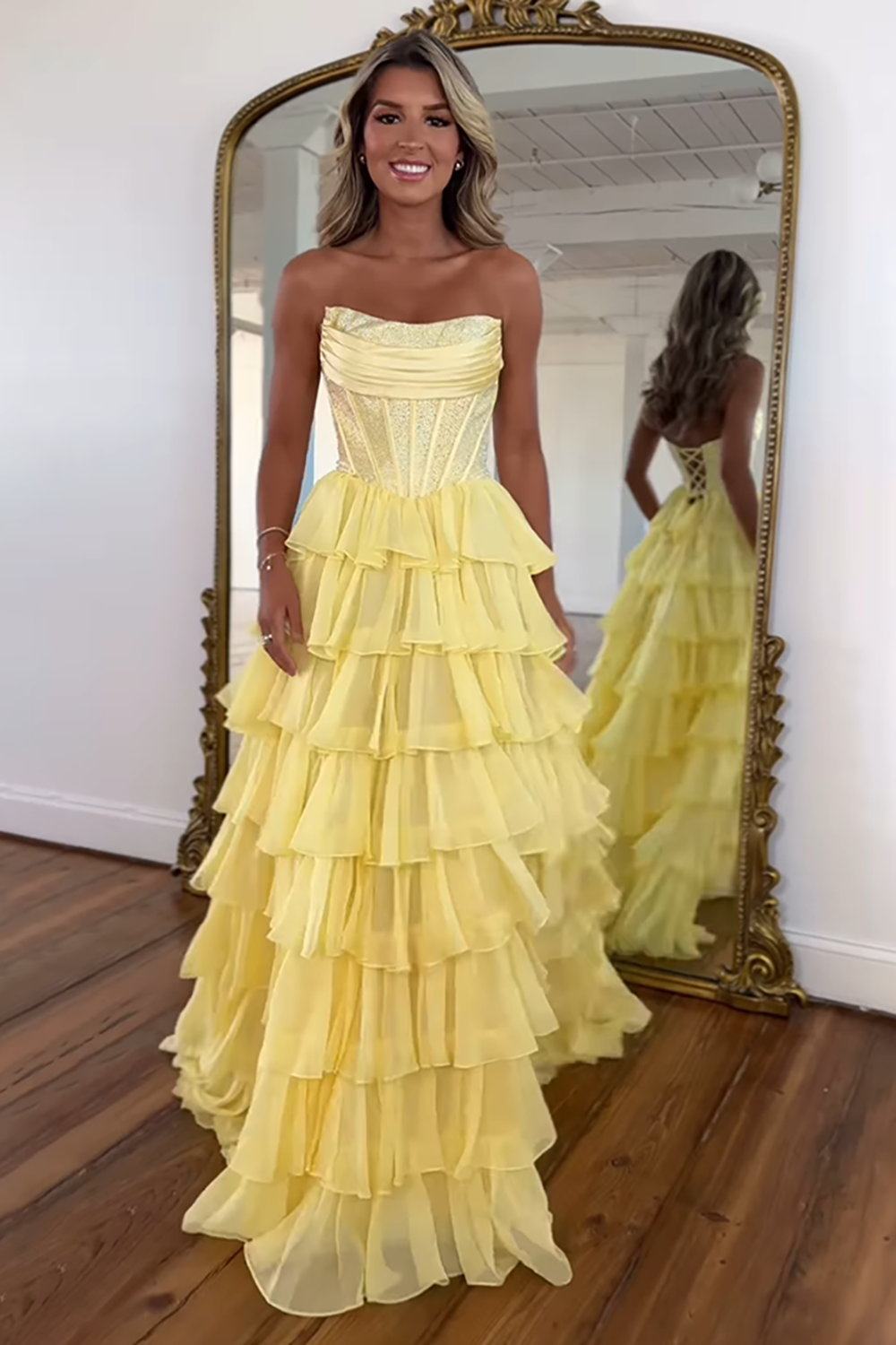 Navy Sparkly Strapless Corset A Line Long Chiffon Prom Dress
