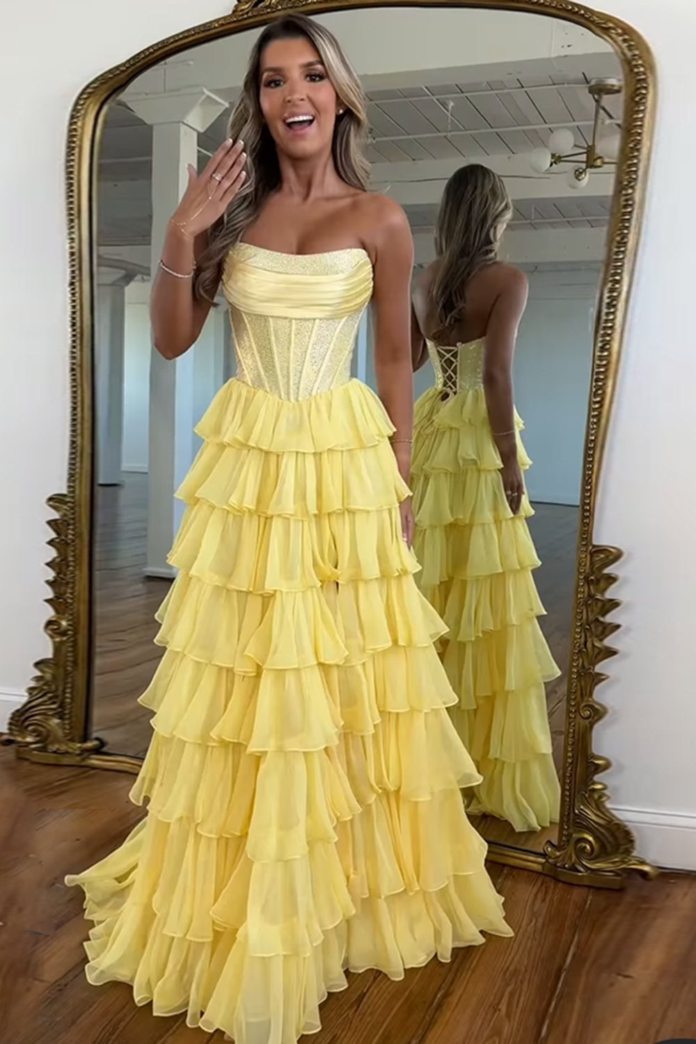Navy Sparkly Strapless Corset A Line Long Chiffon Prom Dress