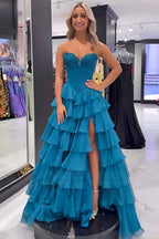 Black Sweetheart Princess Ruffled Long Corset Prom Dress with Beading