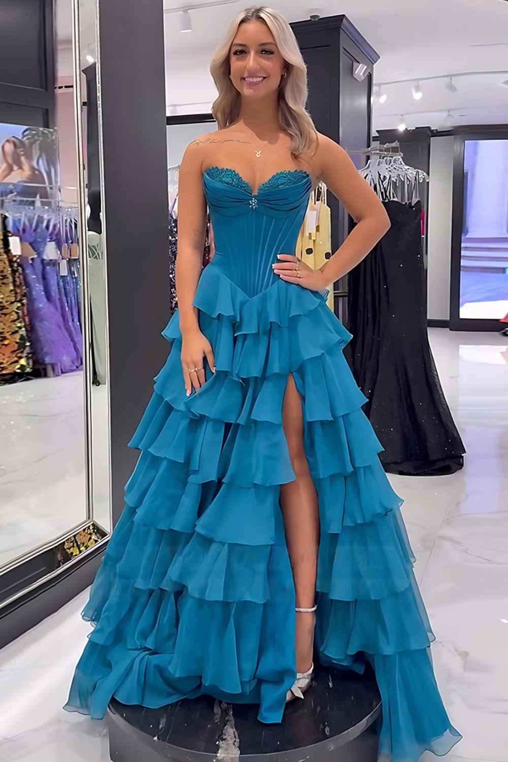 Black Sweetheart Princess Ruffled Long Corset Prom Dress with Beading