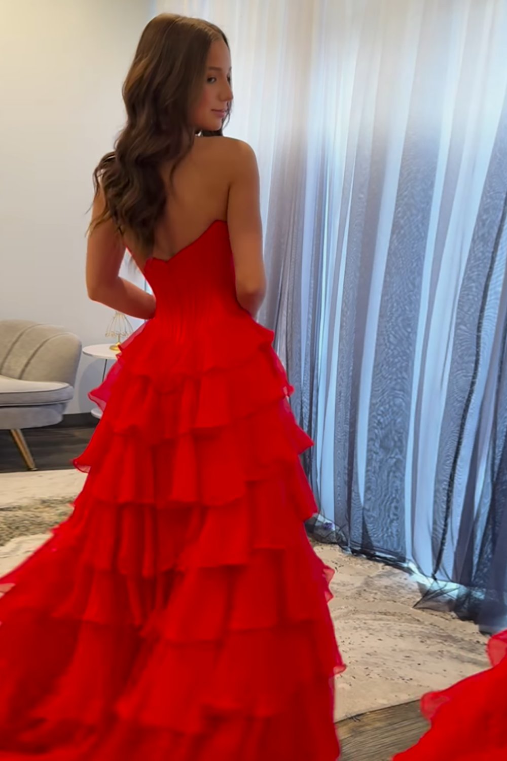 Black Sweetheart Princess Ruffled Long Corset Prom Dress with Beading