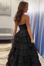 Black A Line Tiered Sweetheart Long Corset Prom Dress with Slit