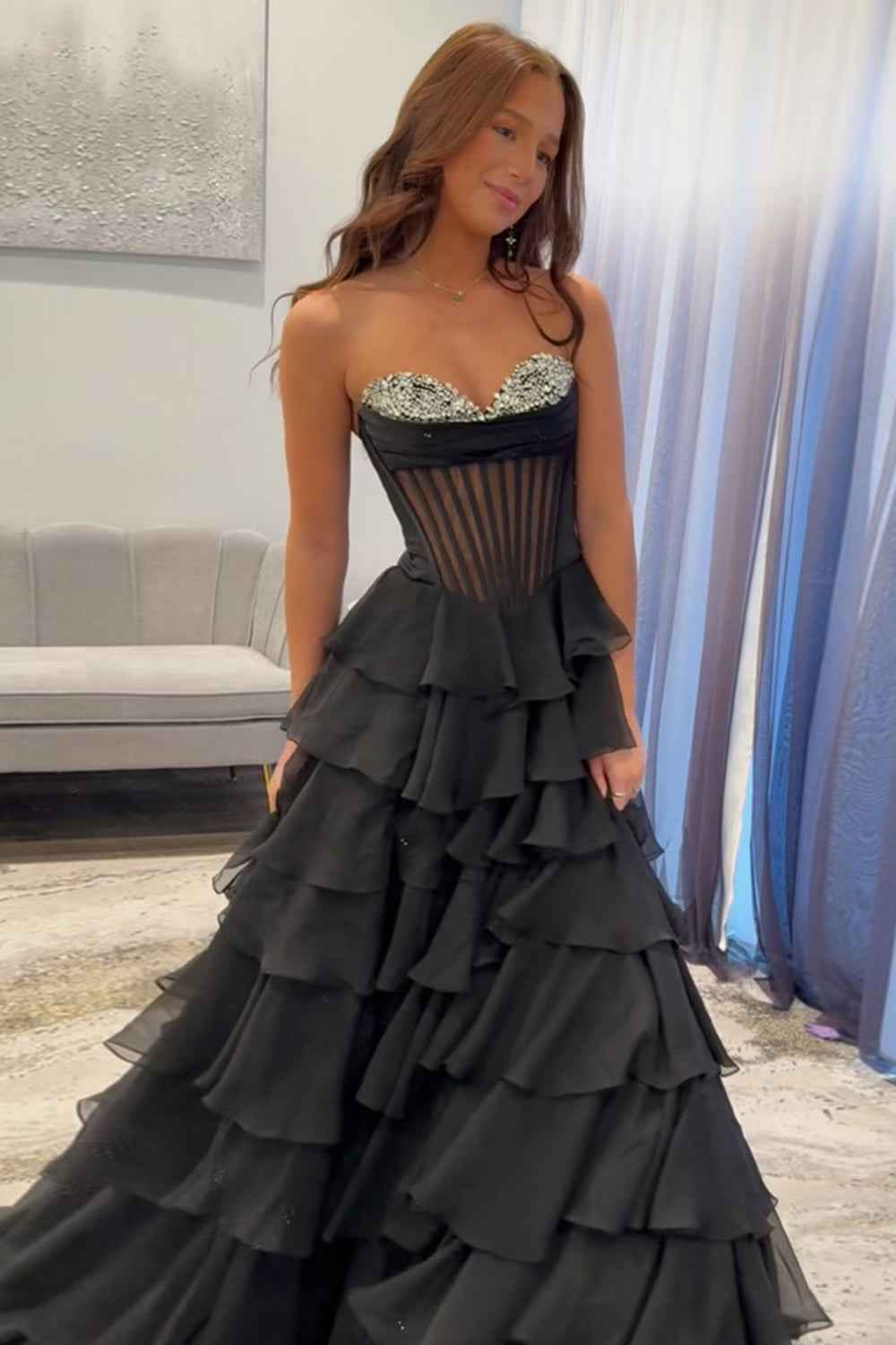 Black A Line Tiered Sweetheart Long Corset Prom Dress with Slit