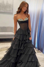 Black A Line Tiered Sweetheart Long Corset Prom Dress with Slit